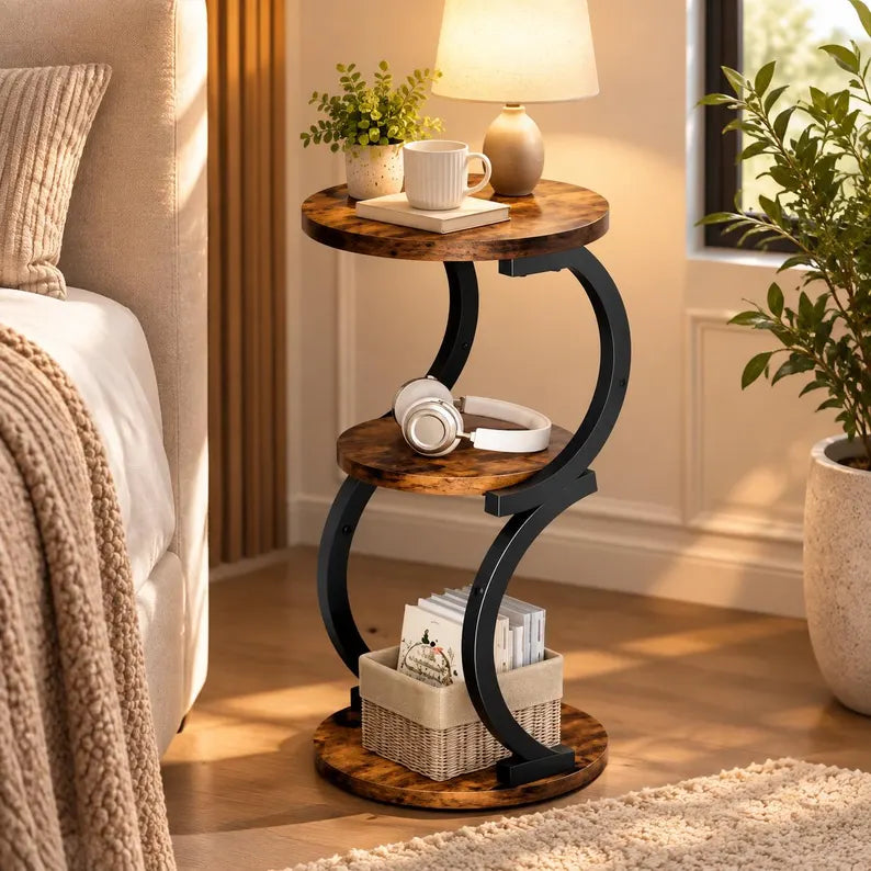 Tre-etagers rundt sidebord i rustik stil